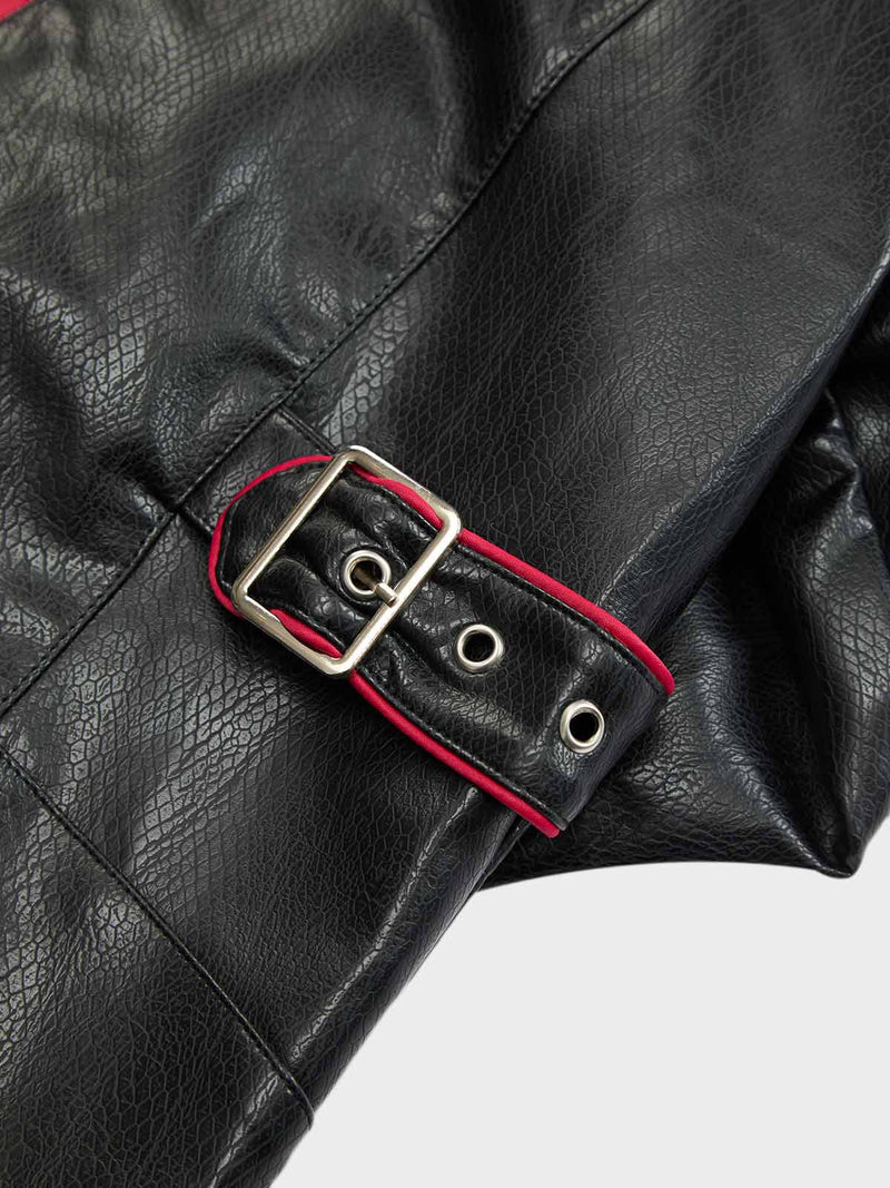 Paneled Spine Pleated Cropped Leather Biker Jacket