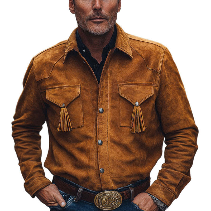 Herren Frühling und Herbst Retro Quaste Wildleder Langarmhemd