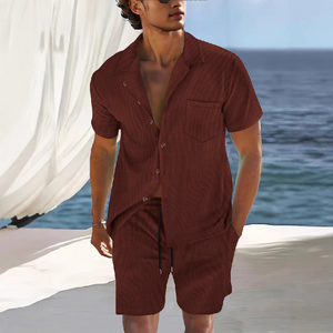 Men's Solid Color Short Sleeve Shorts Holiday Two-piece Set
