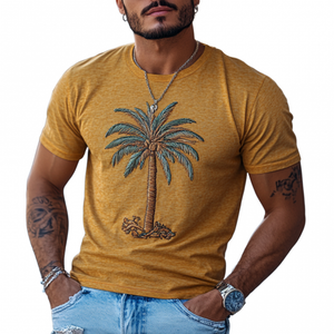 Men's Casual Cotton Coconut Tree Embroidery Round Neck Slim Fit Short Sleeve T-Shirt