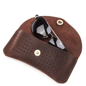 Men's Portable Top Layer Cowhide Hollow Glasses Storage Bag