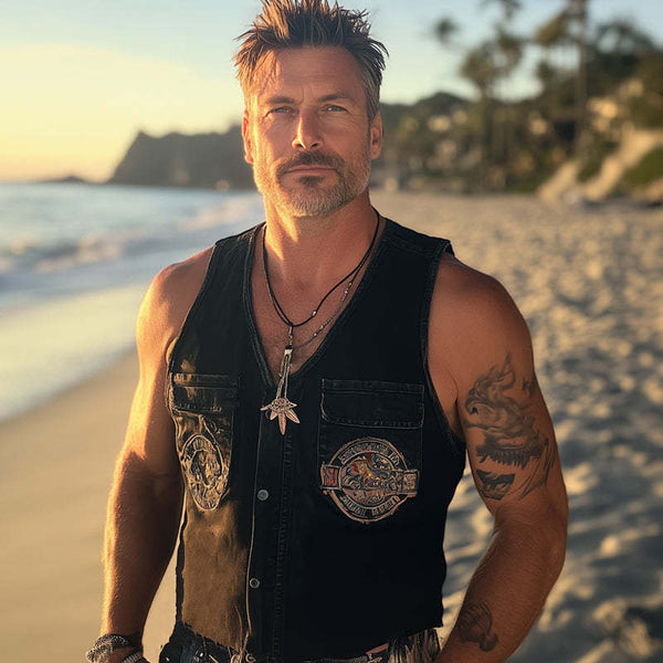 Herren-Weste im Sommer-Retro-Stil, gewaschener Distressed-Denim, bestickt