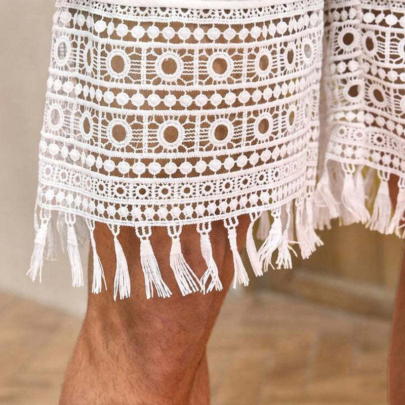 Herren-Patchwork-Shorts aus Baumwolle und Leinen mit Spitze