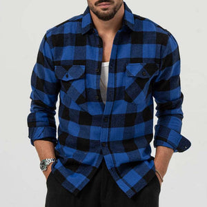 Men's Retro Casual Plaid Pocket Lapel Long Sleeve Shirt