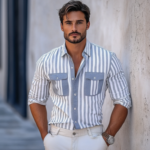 Lässiges Herrenhemd mit Streifenmuster, Revers, Brusttasche, Slim Fit, Langarm