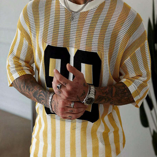 Men's Striped Monogram Jacquard Short-Sleeved Knitted T-Shirt