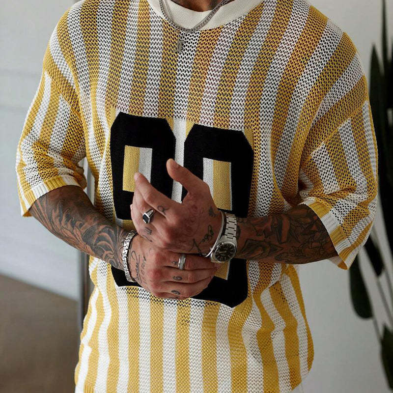 Men's Striped Monogram Jacquard Short-Sleeved Knitted T-Shirt