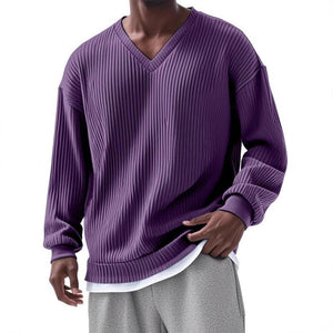 Men's Casual V-neck Striped Loose Long Sleeve T-shirt