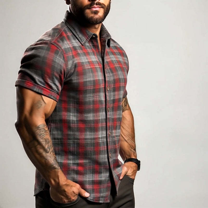 Men's Retro Casual Plaid Print Lapel Short Sleeve Shirt