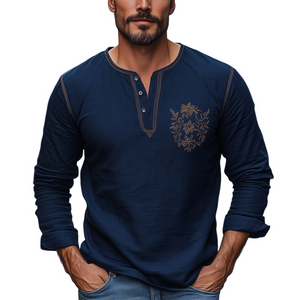 Men's Navy Blue Cotton And Linen Embroidered Henley Collar Long Sleeve T-Shirt