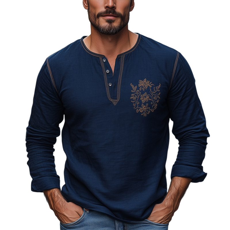 Men's Navy Blue Cotton And Linen Embroidered Henley Collar Long Sleeve T-Shirt