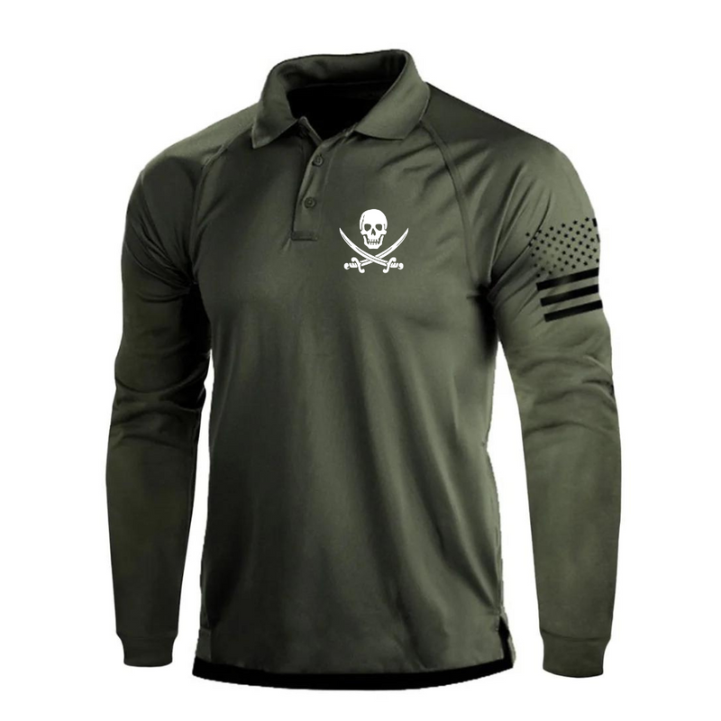 SKULL PRINT RAGLAN LONG SLEEVE POLO SHIRT