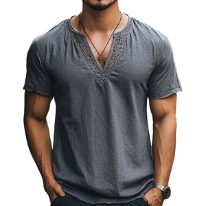 Men's Casual Lace Spliced V-Neck Short Sleeve T-Shirt