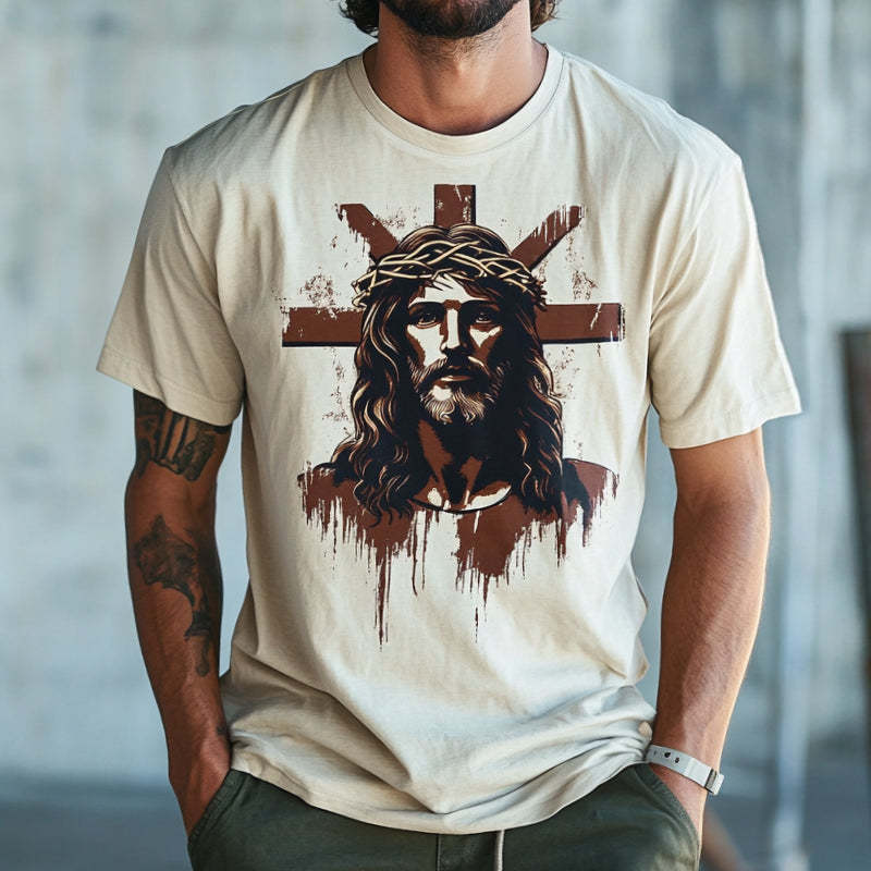 Men's Retro Casual Jesus Printed Round Neck Short Sleeve T-Shirt
