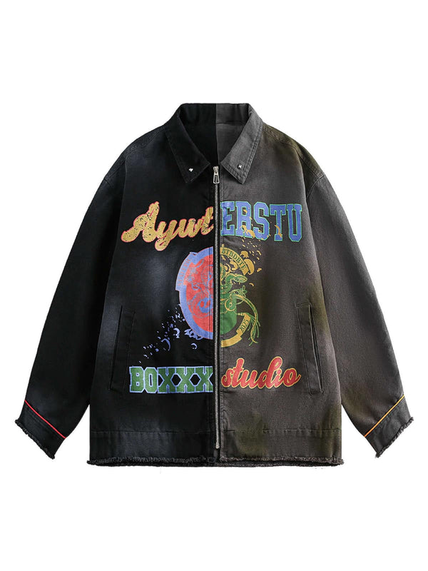 Contrast Color Spliced Graffiti Zip Up Jacket