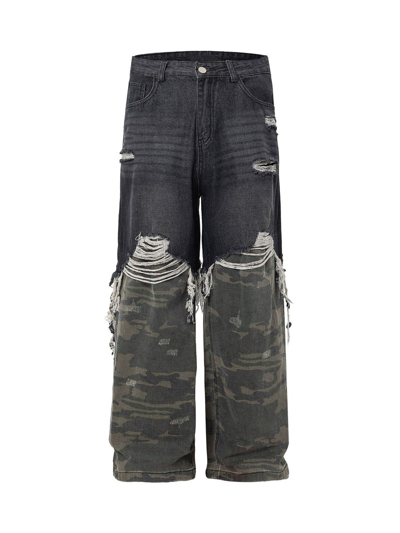 Washed Distressed Stitching Camouflage Straight Jeans