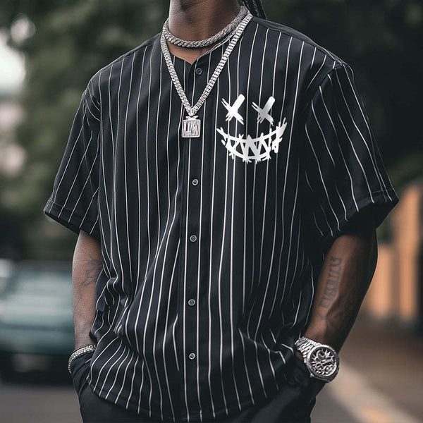 Men's Retro Casual Striped Smiley Face Hip Hop Baseball Button Short Sleeve T-Shirt