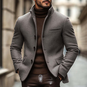 Men's Vintage Wool Blend Stand Collar Single Breasted Slim Blazer