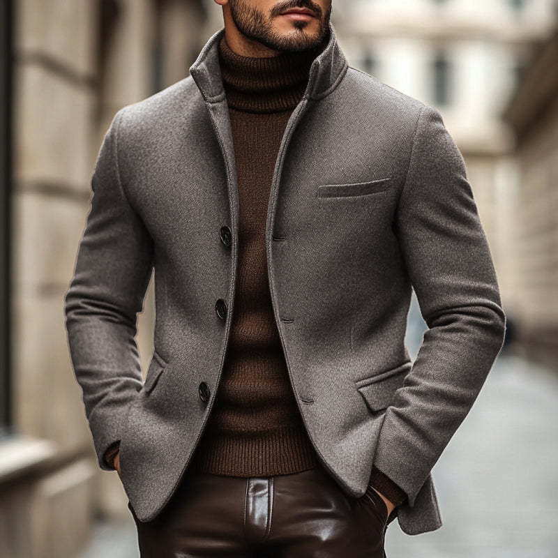 Herren-Blazer im Vintage-Stil, aus Wollmischung, mit Stehkragen, einreihig, schmaler Schnitt
