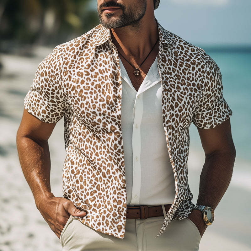 Herren Sommermode Giraffe Texture Print Lässiges Kurzarmhemd