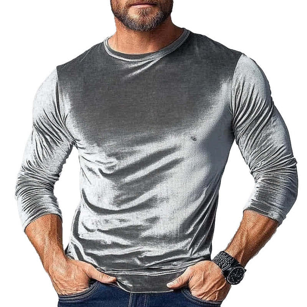 Herren Vintage Samt Langarm T-Shirt mit Rundhalsausschnitt