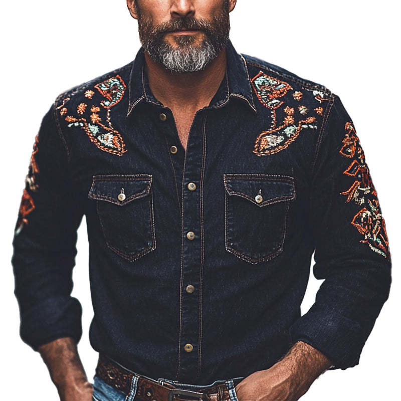 Herren-Jeanshemd mit Vintage-Stickerei und langen Ärmeln