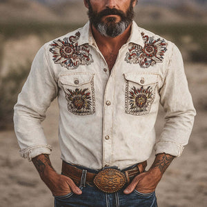 Herrenhemd aus einfarbigem Twill mit Stickerei und langen Ärmeln