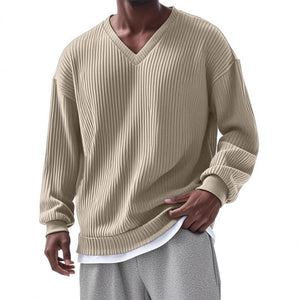 Men's Casual V-neck Striped Loose Long Sleeve T-shirt