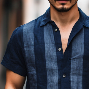 Herren-Leinenhemd mit Revers und Retro-Streifenmuster, kurzärmlig