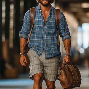 Herren Western Retro Plaid Print Langarmhemd Shorts Set