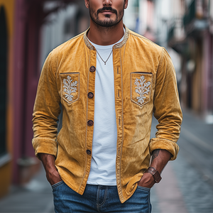 Men's Spring Fashion Retro Embroidered Suede Long Sleeve Shirt