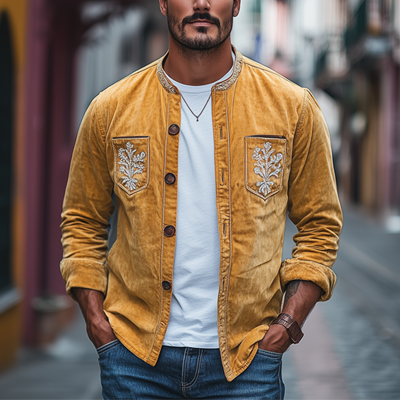 Herren Frühlingsmode Retro Besticktes Wildleder Langarmhemd