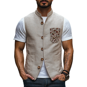 Men's Spring Fashion Retro Stand Collar Embroidered Ramie Vest