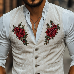 Men's Classic Casual American Retro Velvet Rose Embroidered Vest