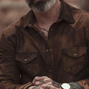 Herren Vintage Casual Wildleder Revers Langarmhemd