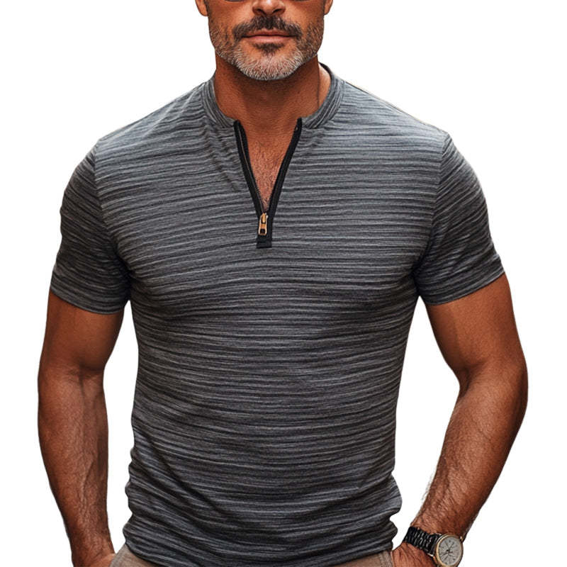 Men's Gray Striped Zipper Collar Slim Fit Short Sleeve T-Shirt