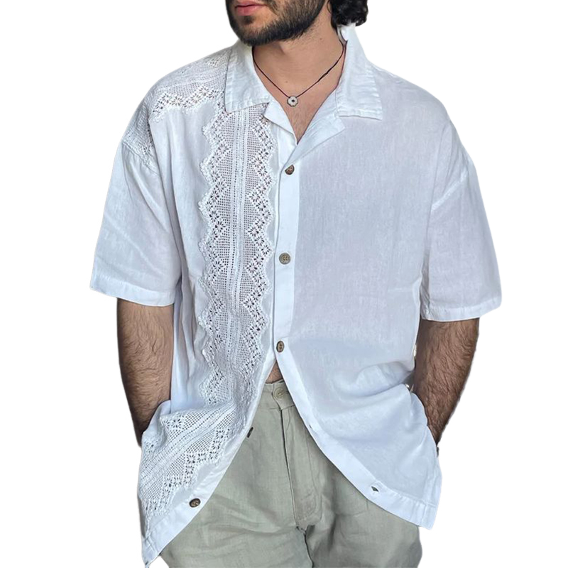 Men's Solid Color Lace Spliced Lapel Long Sleeve Shirt