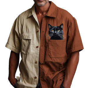 Herrenhemd mit Retro-Katzen-Print und Kontrast-Kurzarm