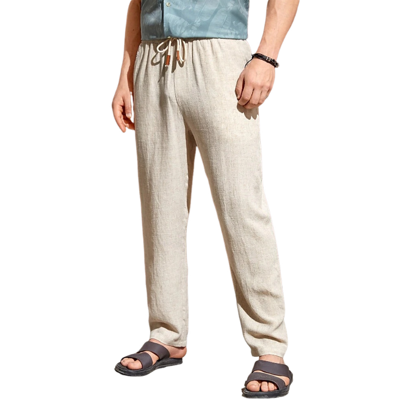 Lässige Herrenhose aus Baumwolle und Leinen mit elastischer Taille und geradem Bein
