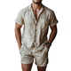 Herren Casual Leinen Revers Kurzarmhemd Elastische Taille Shorts Set