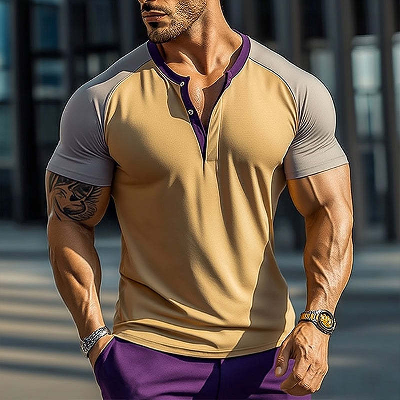 Men's Retro Casual Cotton Colorblock Henley Collar Short Sleeve T-Shirt