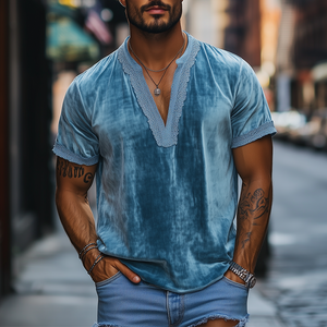 Men's Spring Fashion Deep V-neck Lace Stitching Velvet Short Sleeve T-shirt