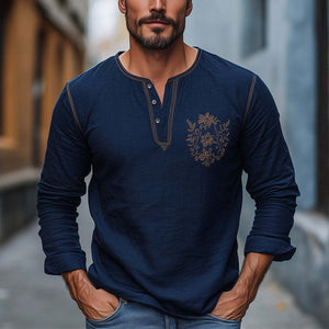 Men's Navy Blue Cotton And Linen Embroidered Henley Collar Long Sleeve T-Shirt