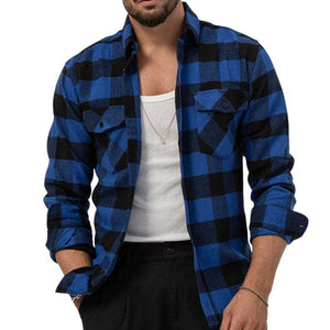 Men's Retro Casual Plaid Pocket Lapel Long Sleeve Shirt