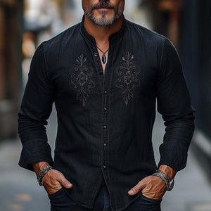 Herren Frühling und Herbst Baumwolle und Leinen bestickt Casual Hautfreundliches Hemd