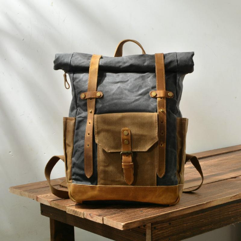 Men's Vintage Contrast Waterproof Canvas Multi-Pocket Backpack