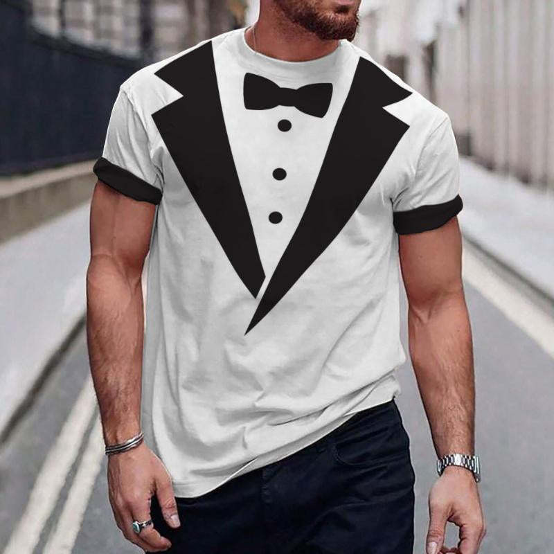 Men's Casual Bow Tie Printed Round Neck Short Sleeve T-Shirt