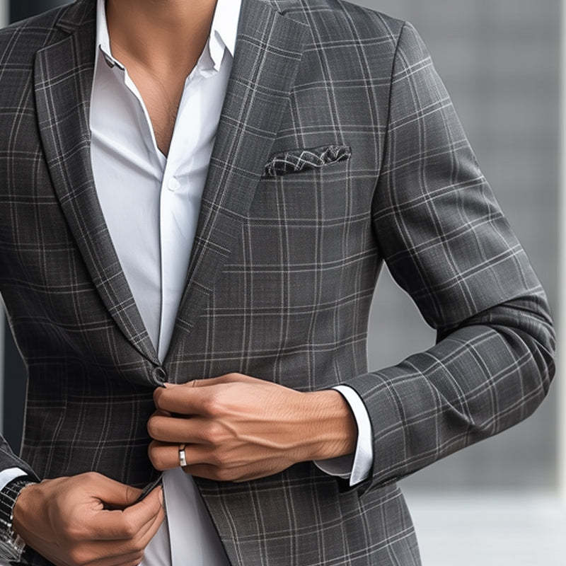 Men's Spring And Autumn Basic Gray Plaid Two-Button Blazer