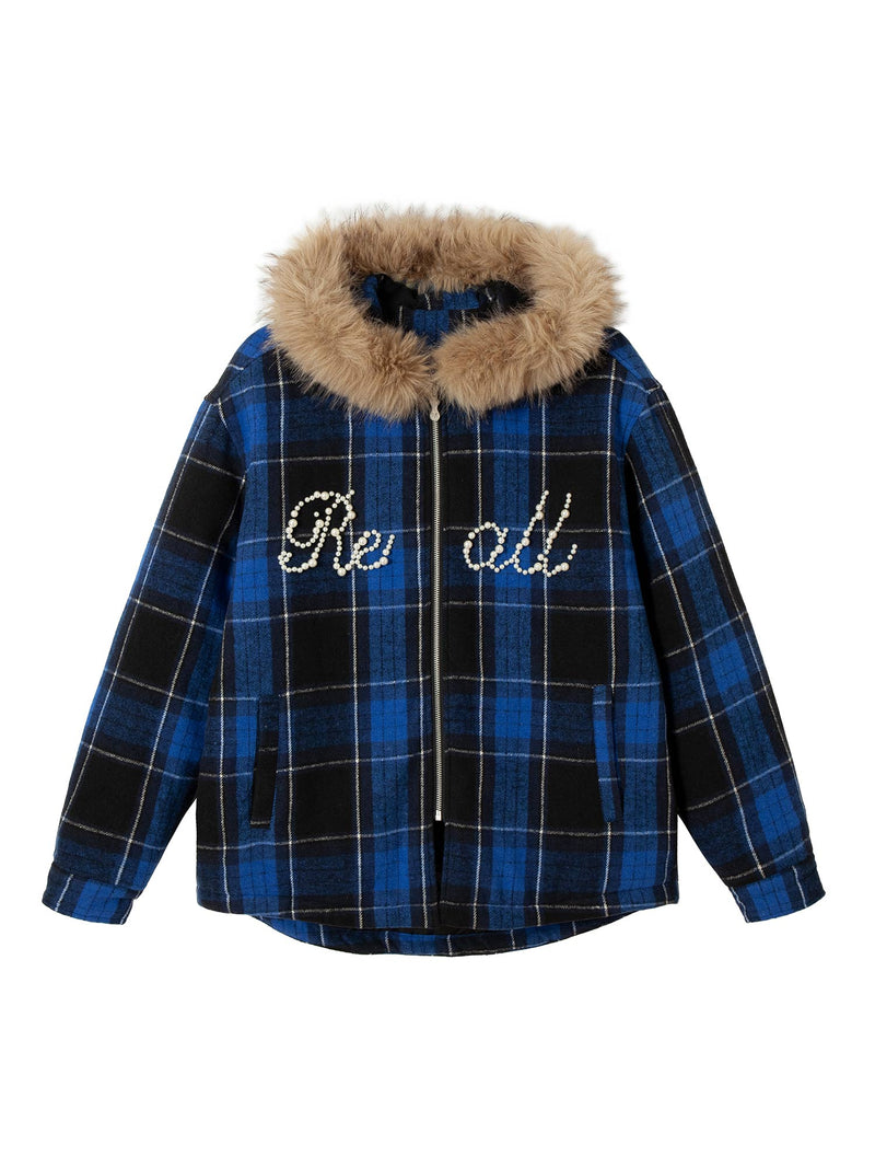 Beaded Fur Collar Padded Plaid Jacket