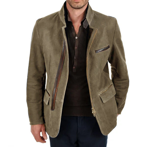 Men Vintage Stand Collar Suede Blazer Side Zip Fly Contrast Leather Webbing Medium Length Jacket Coats